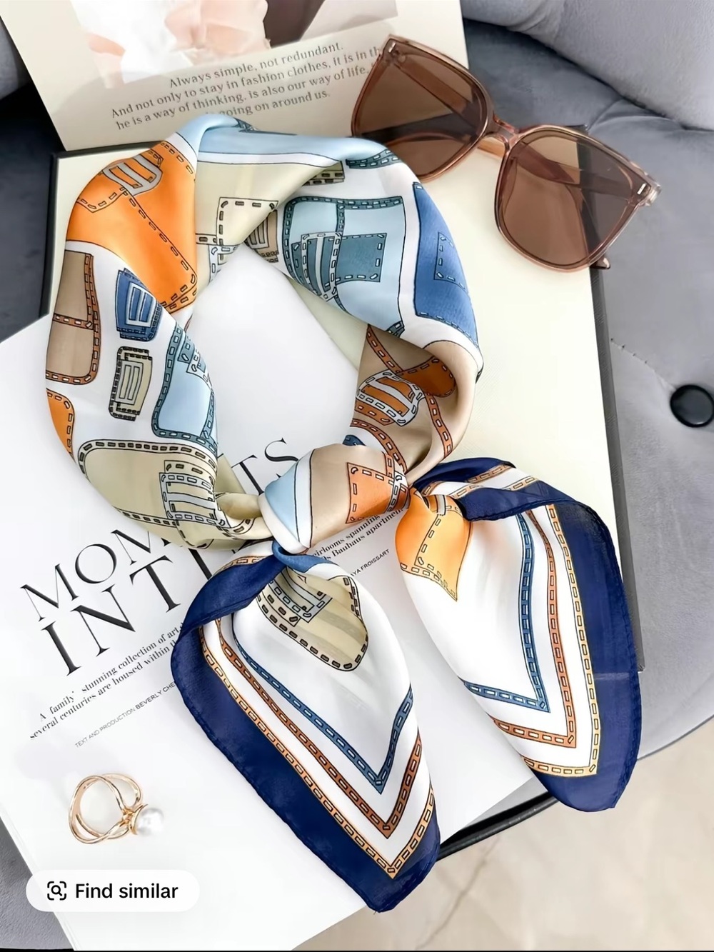 Classic Navy-Trim Printed Silk Scarf — Blue, Orange & Cream